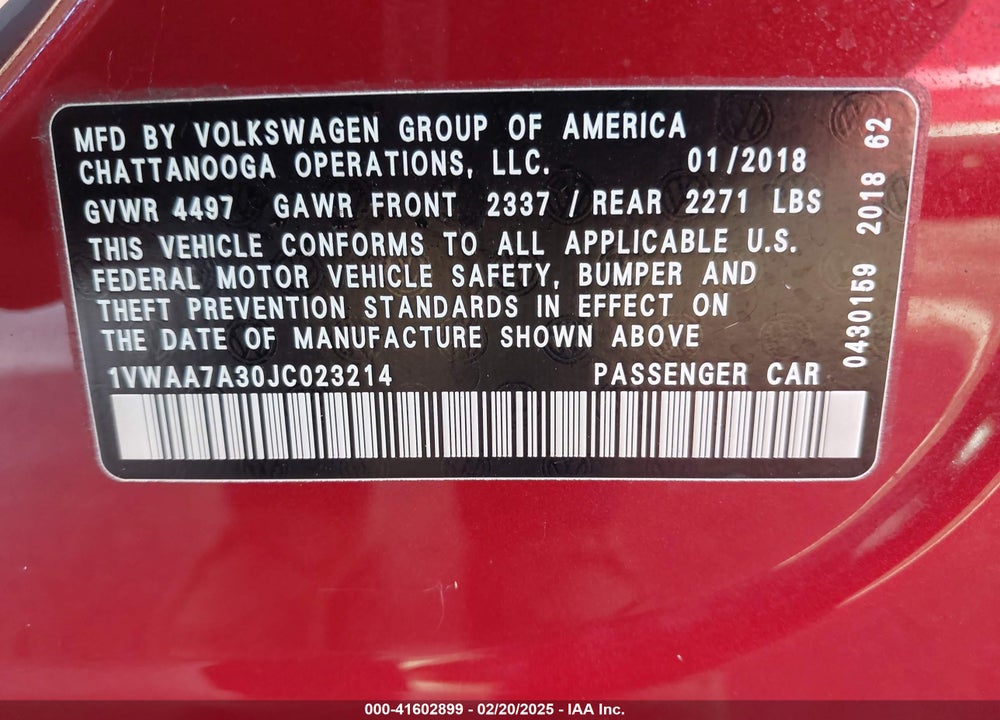 2018 VOLKSWAGEN PASSAT VIN: 1VWAA7A30JC023214