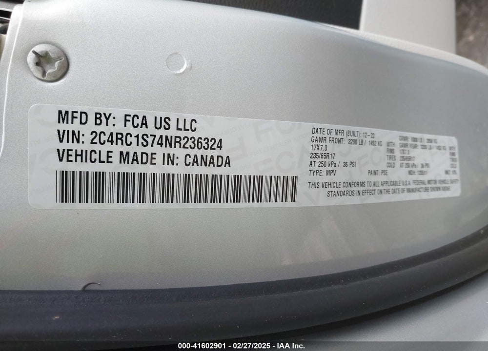 2022 CHRYSLER PACIFICA HYBRID LIMITED VIN: 2C4RC1S74NR236324