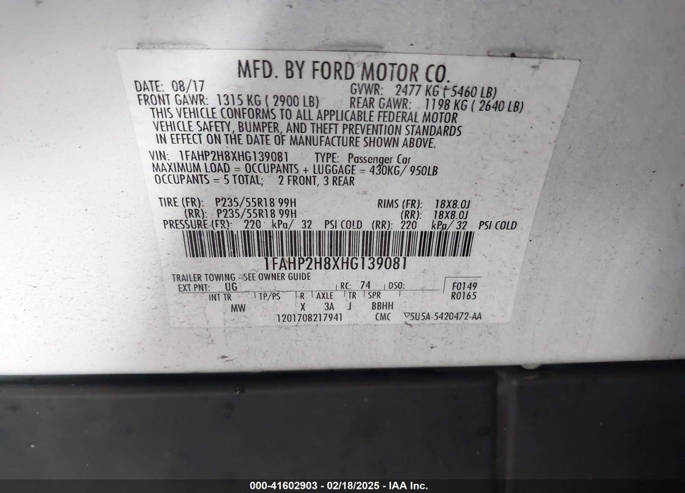 2017 FORD TAURUS VIN: 1FAHP2H8XHG139081
