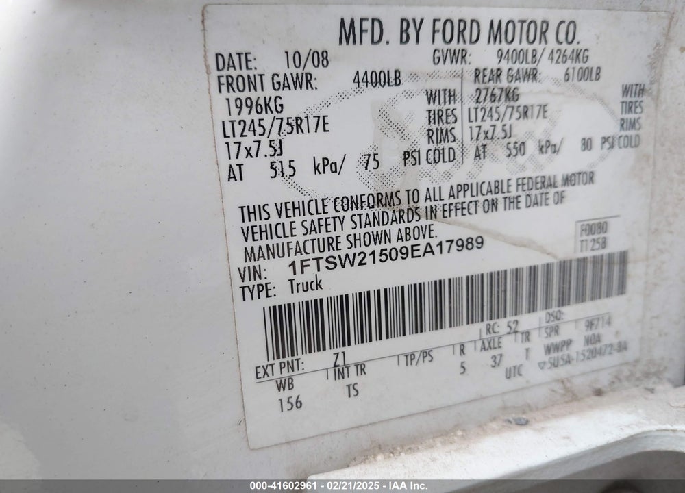 2009 FORD F250 VIN: 1FTSW21509EA17989