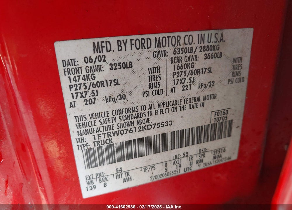 2002 FORD F-150 VIN: 1FTRW07612KD75533