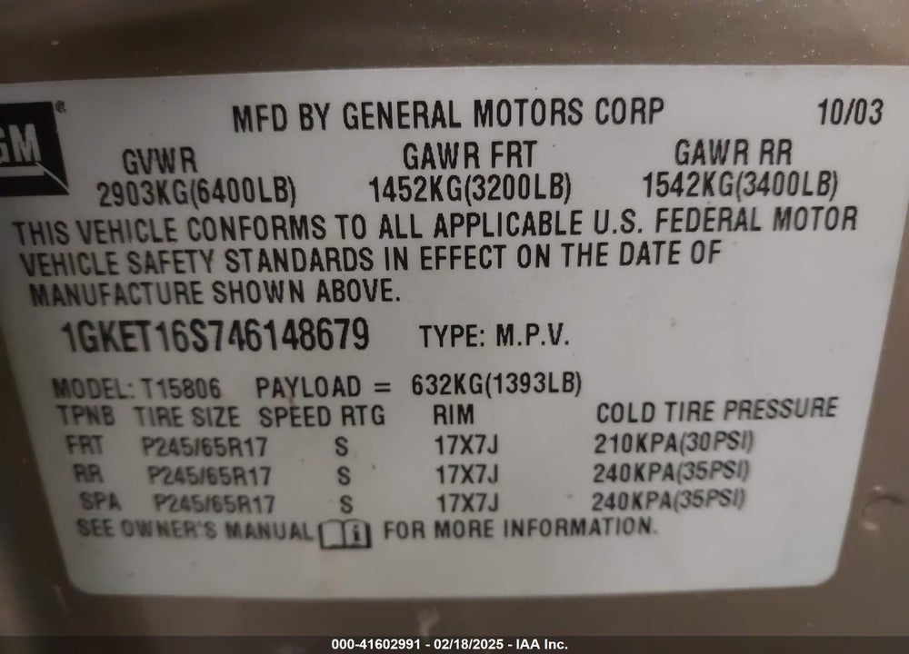 2004 GMC ENVOY XL SLE VIN: 1GKET16S746148679
