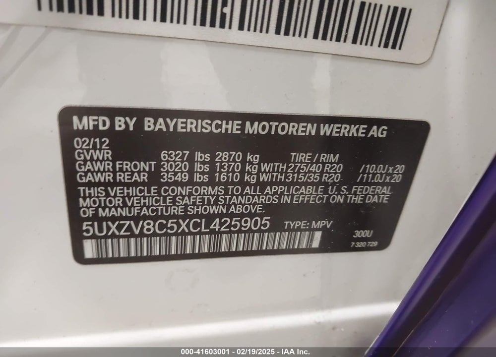 2012 BMW X5 XDRIVE50I VIN: 5UXZV8C5XCL425905