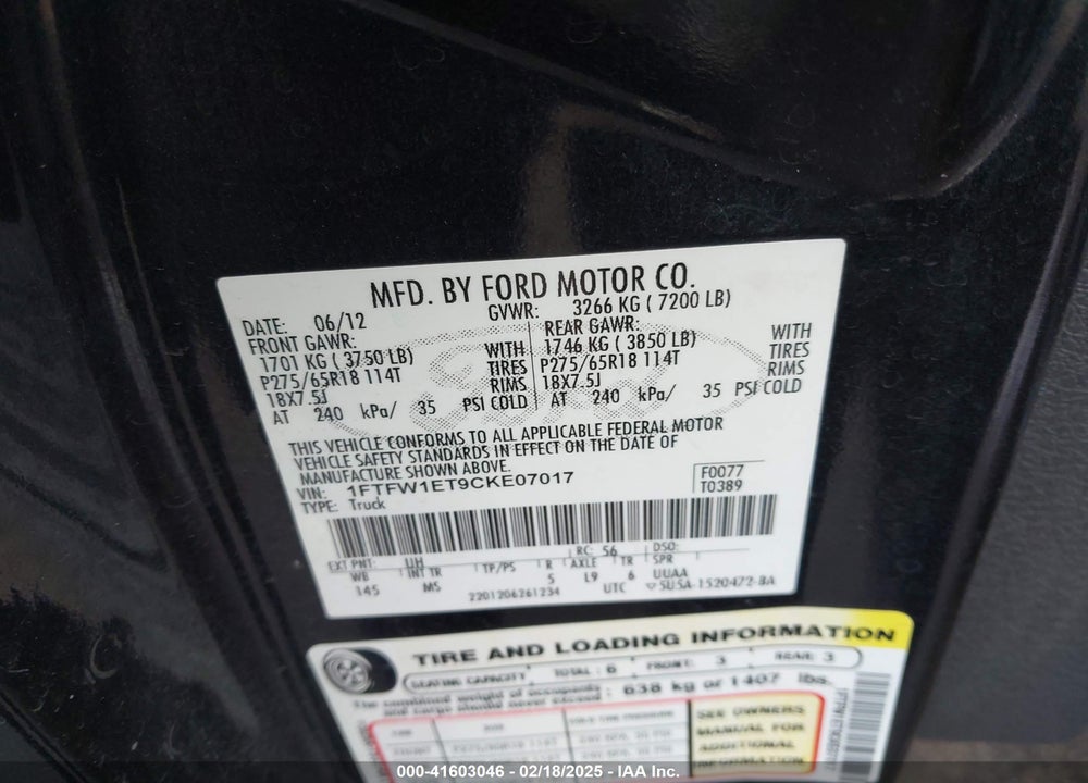 2012 FORD F-150 XLT VIN: 1FTFW1ET9CKE07017