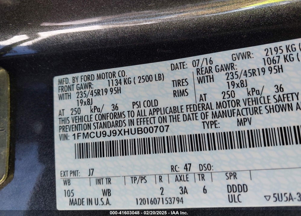 2017 FORD ESCAPE TITANIUM VIN: 1FMCU9J9XHUB00707