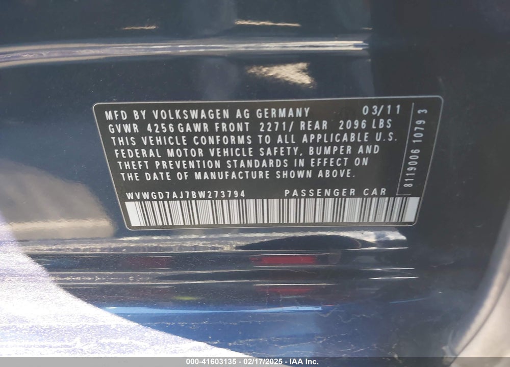 2011 VOLKSWAGEN GTI VIN: WVWGD7AJ7BW273794