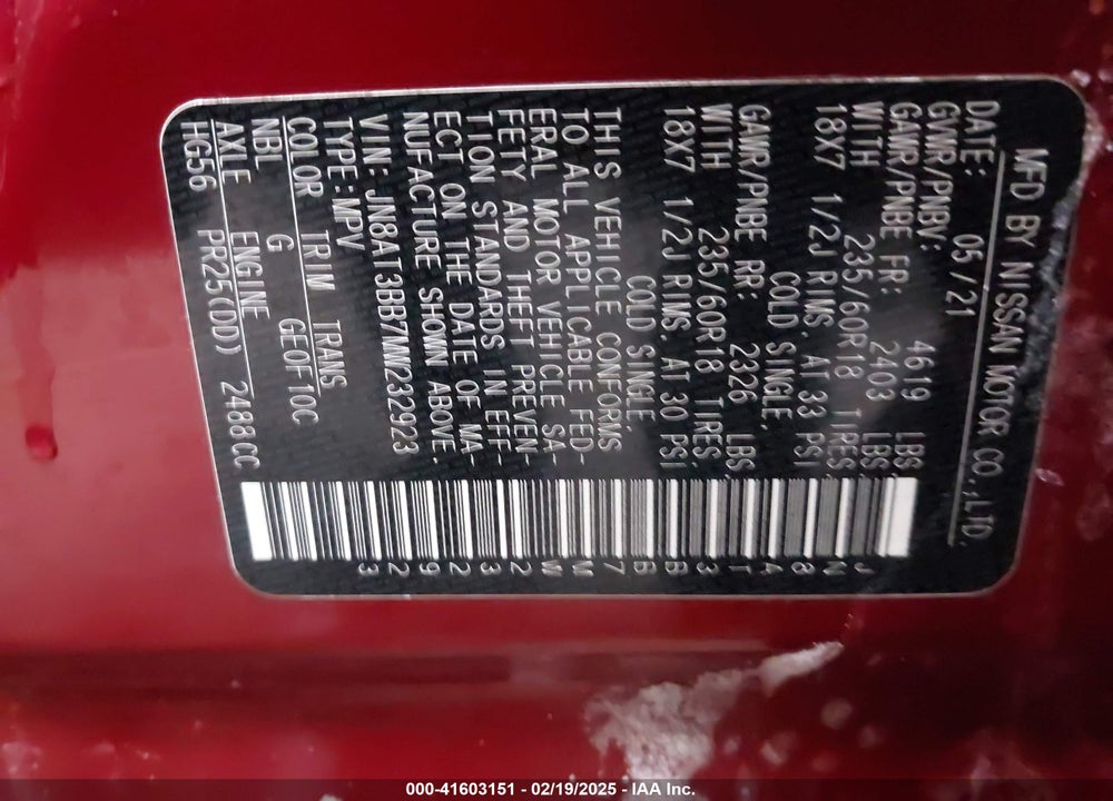 2021 NISSAN ROGUE SV INTELLIGENT AWD VIN: JN8AT3BB7MW232923