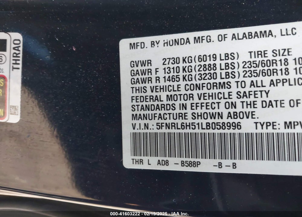 2020 HONDA ODYSSEY EX VIN: 5FNRL6H51LB058996