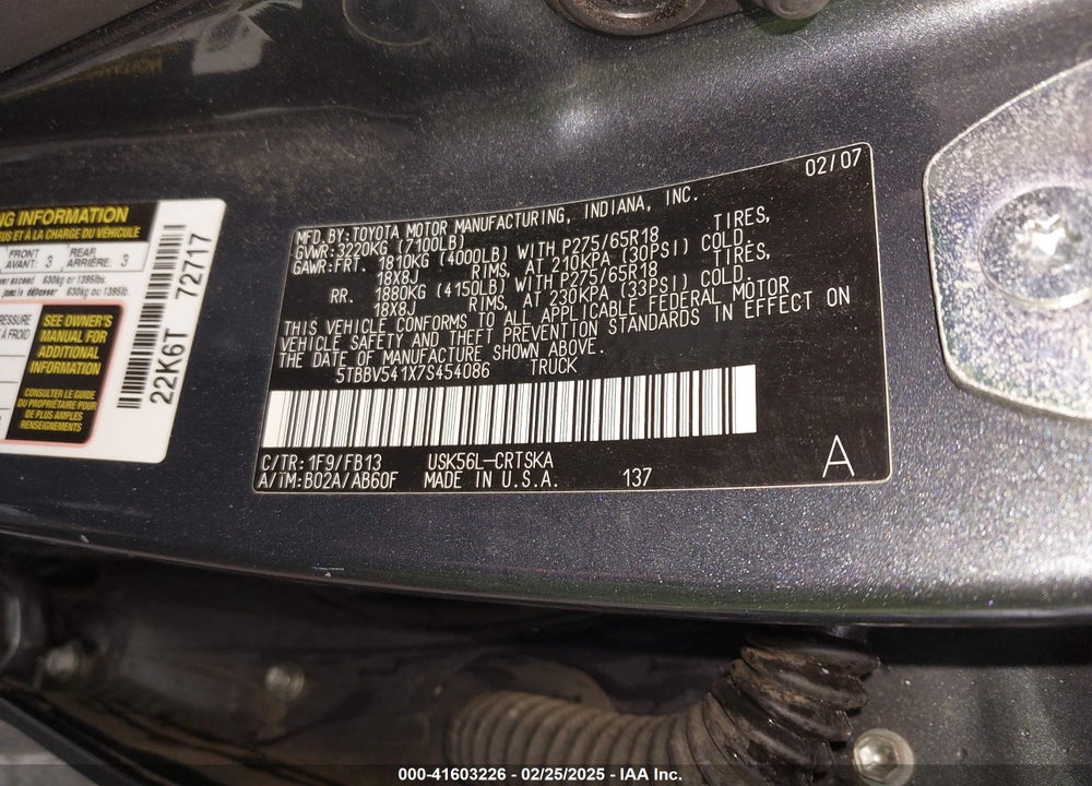 2007 TOYOTA TUNDRA SR5 5.7L V8 VIN: 5TBBV541X7S454086