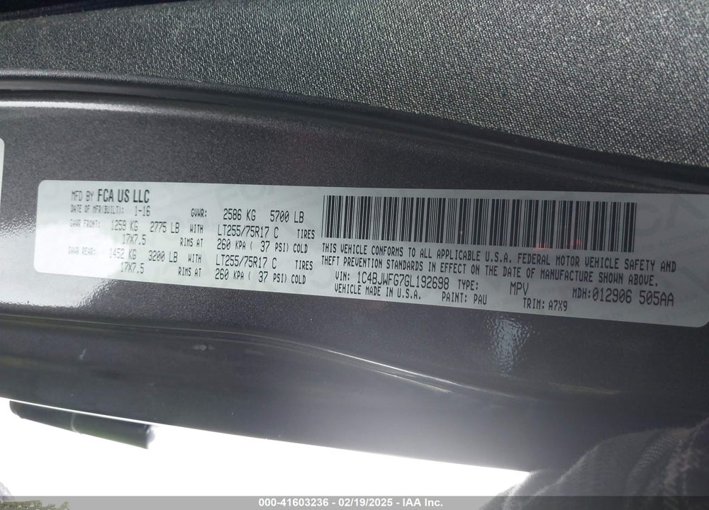 2016 JEEP WRANGLER UNLIMITED VIN: 1C4BJWFG7GL192698