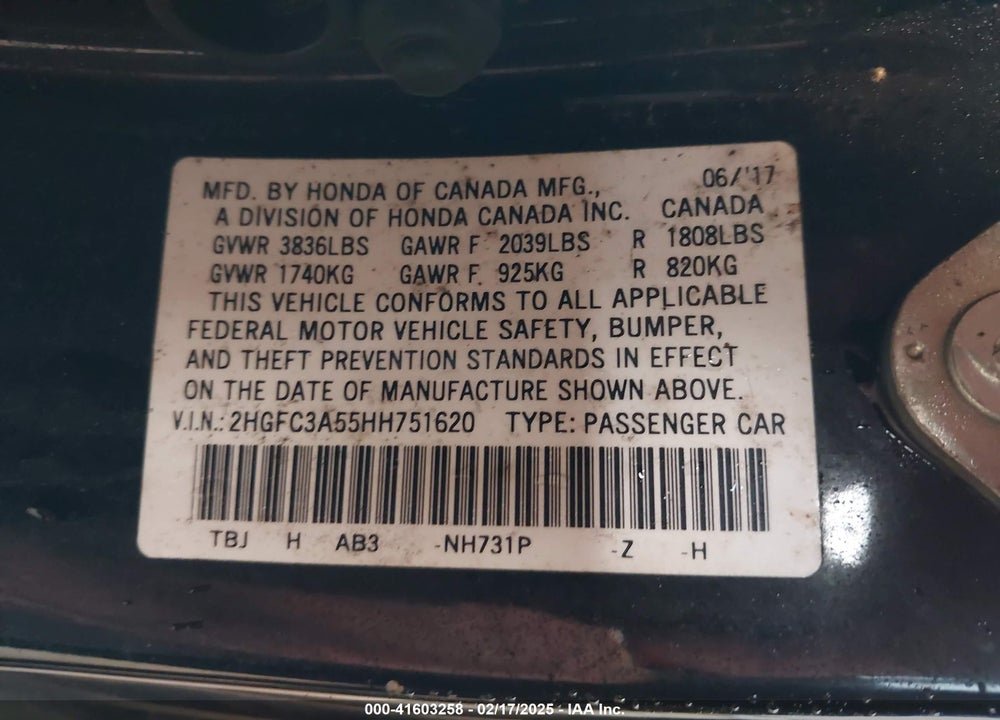 2017 HONDA CIVIC VIN: 2HGFC3A55HH751620