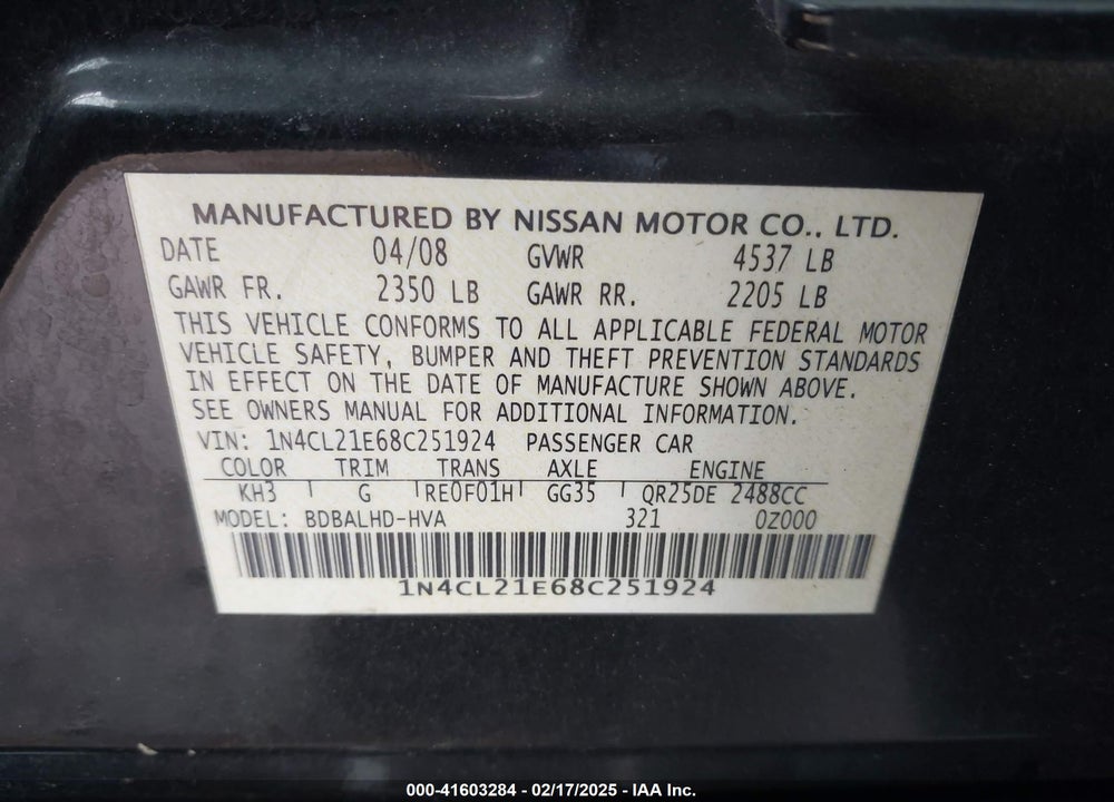 2008 NISSAN ALTIMA HYBRID VIN: 1N4CL21E68C251924