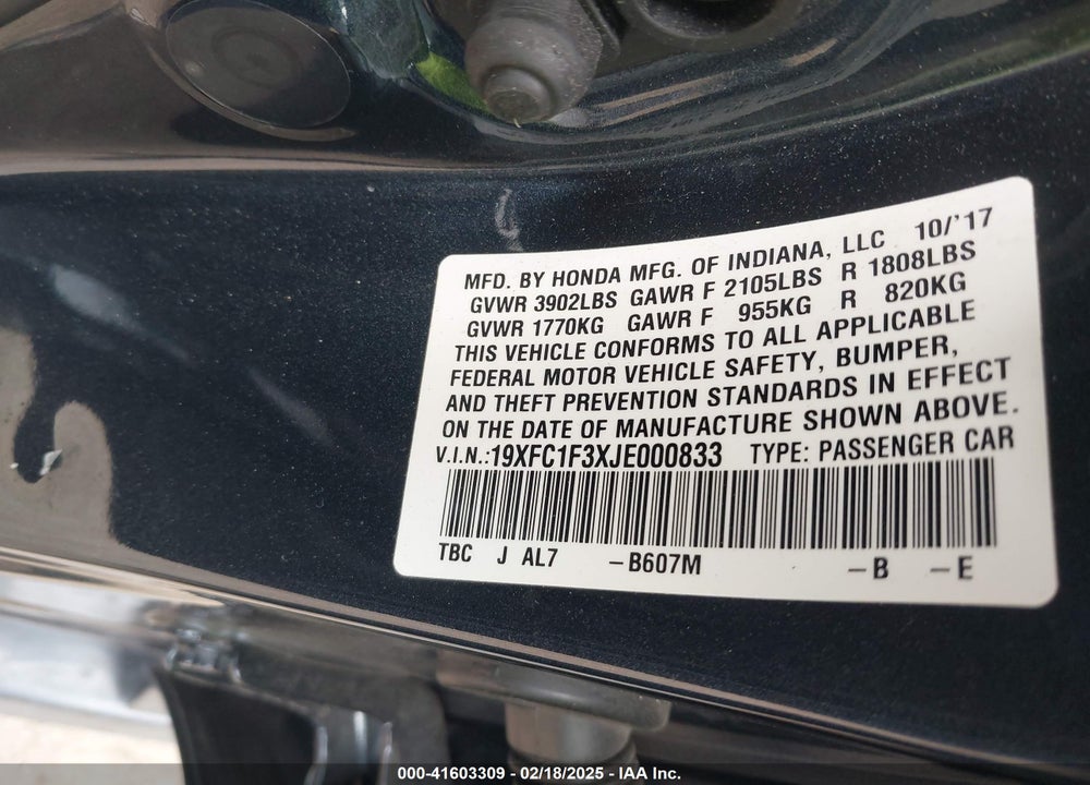 2018 HONDA CIVIC EX-T VIN: 19XFC1F3XJE000833