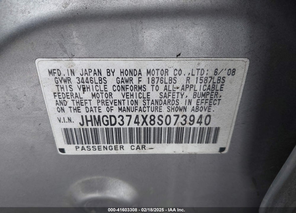 2008 HONDA FIT VIN: JHMGD374X8S073940