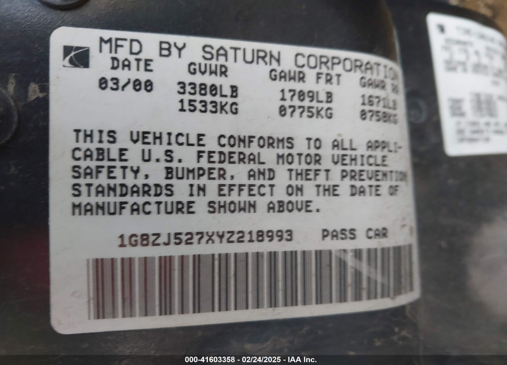 2000 SATURN SL2 VIN: 1G8ZJ527XYZ218993
