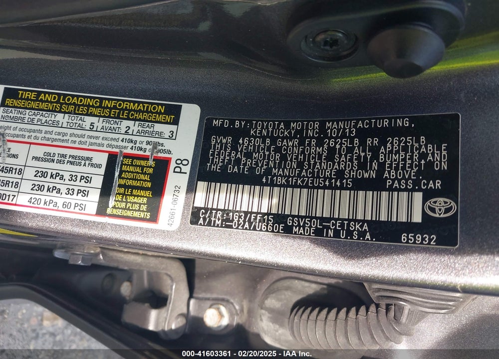 2014 TOYOTA CAMRY VIN: 4T1BK1FK7EU541415