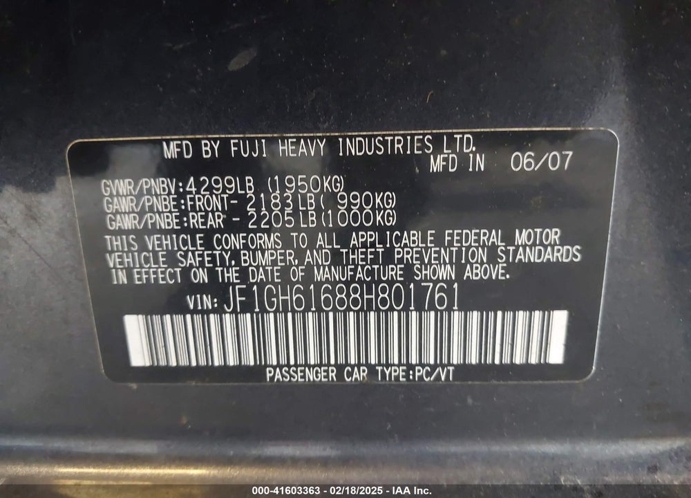 2008 SUBARU IMPREZA VIN: JF1GH61688H801761