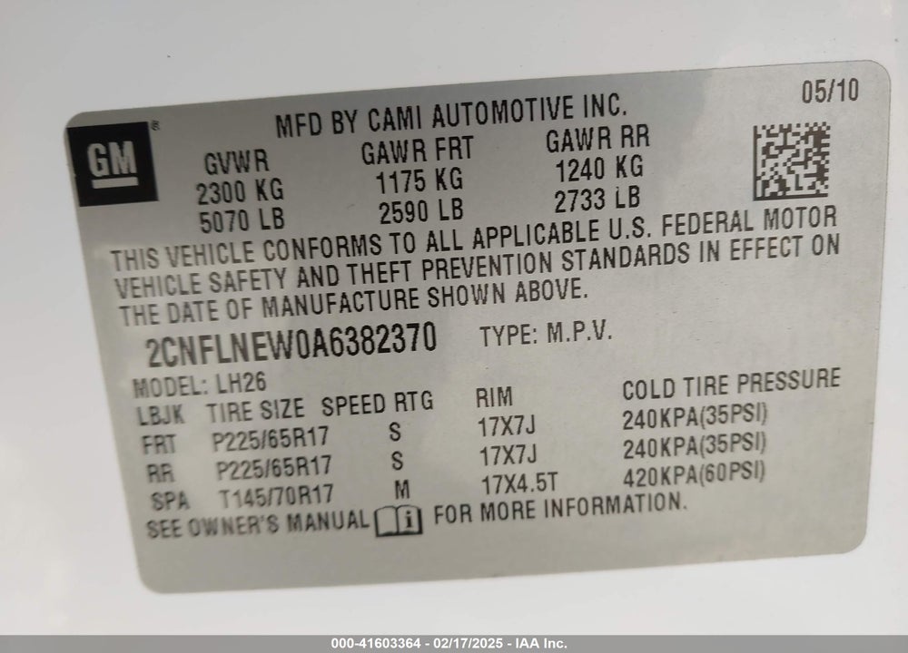 2010 CHEVROLET EQUINOX LT VIN: 2CNFLNEW0A6382370