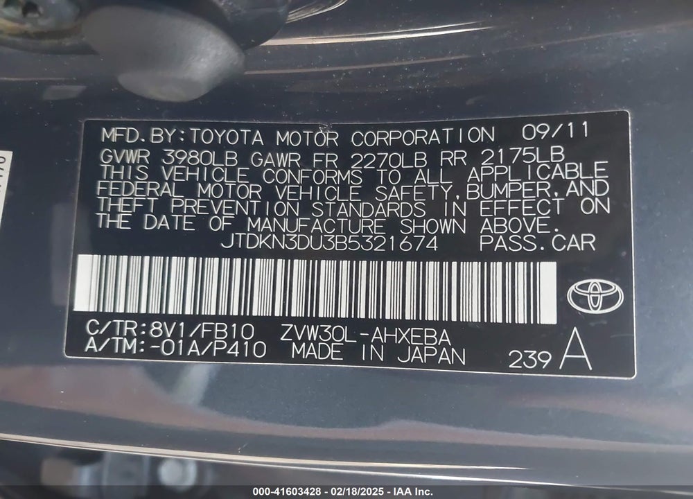 2011 TOYOTA PRIUS VIN: JTDKN3DU3B5321674
