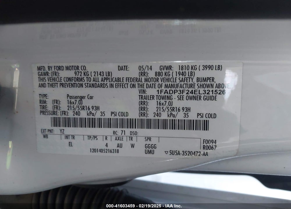 2014 FORD FOCUS VIN: 1FADP3F24EL321526