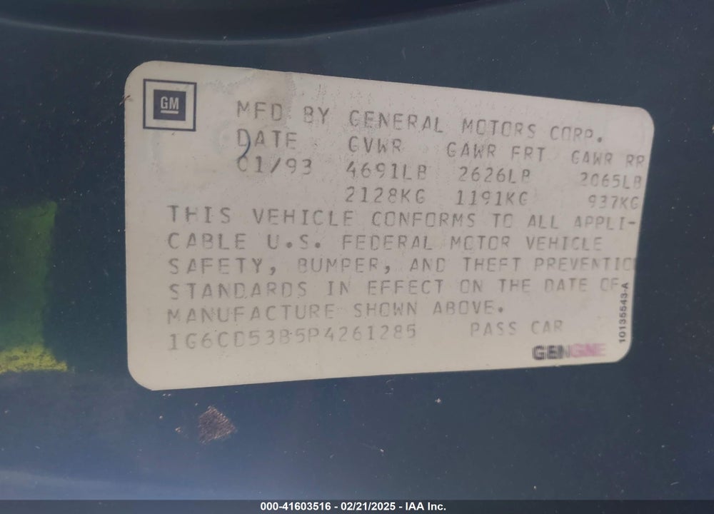 1993 CADILLAC DEVILLE VIN: 1G6CD53B5P4261285