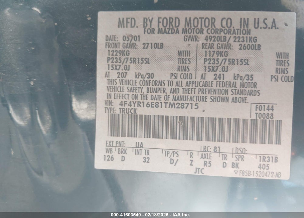 2001 MAZDA B3000 DS/SE VIN: 4F4YR16E81TM28715