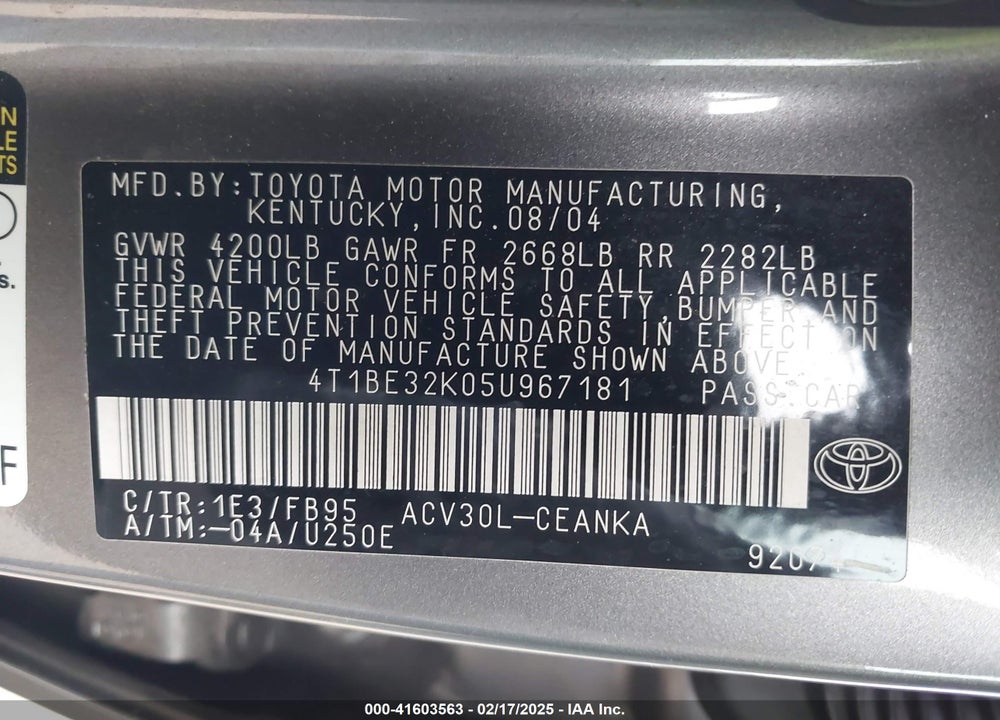 2005 TOYOTA CAMRY LE VIN: 4T1BE32K05U967181