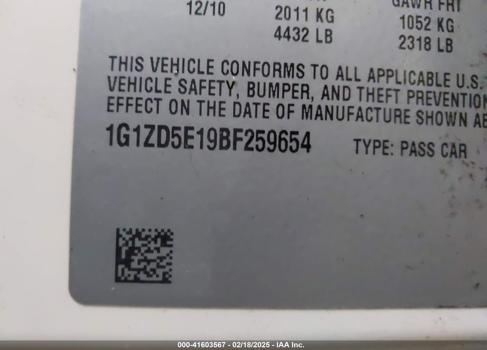 2011 CHEVROLET MALIBU 2LT VIN: 1G1ZD5E19BF259654