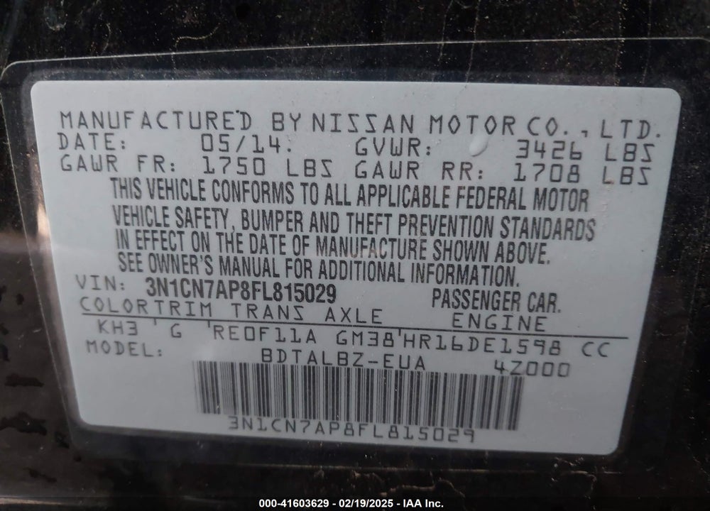 2015 NISSAN VERSA VIN: 3N1CN7AP8FL815029