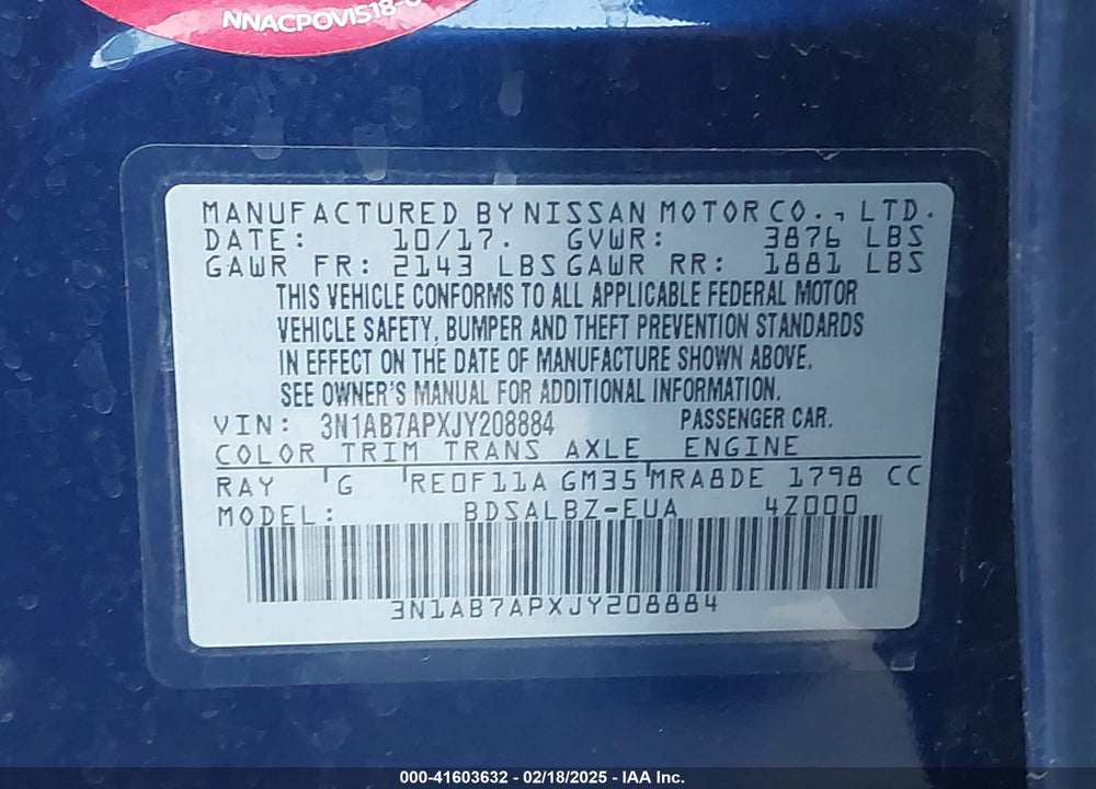 2018 NISSAN SENTRA VIN: 3N1AB7APXJY208884