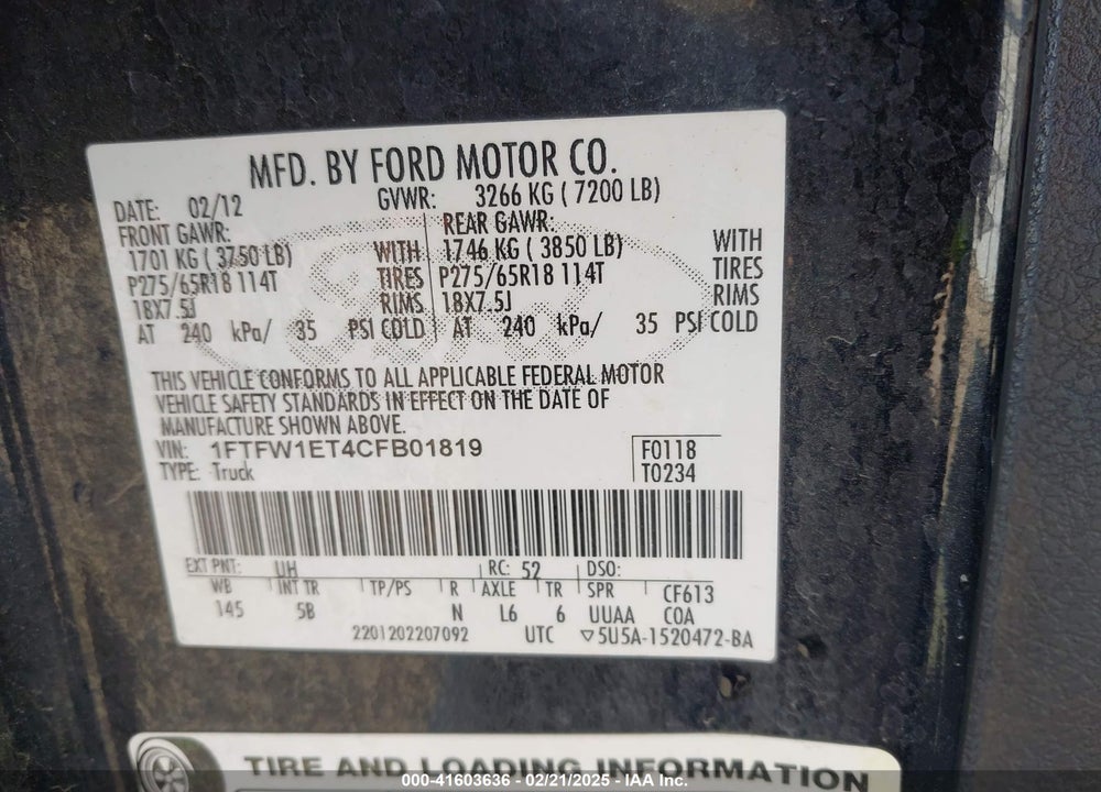 2012 FORD F-150 FX4 VIN: 1FTFW1ET4CFB01819