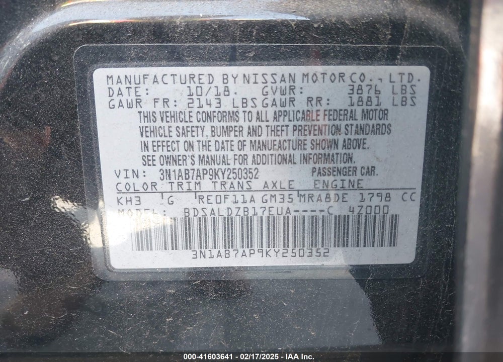 2019 NISSAN SENTRA VIN: 3N1AB7AP9KY250352