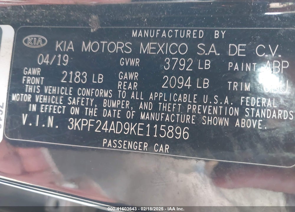 2019 KIA FORTE VIN: 3KPF24AD9KE115896