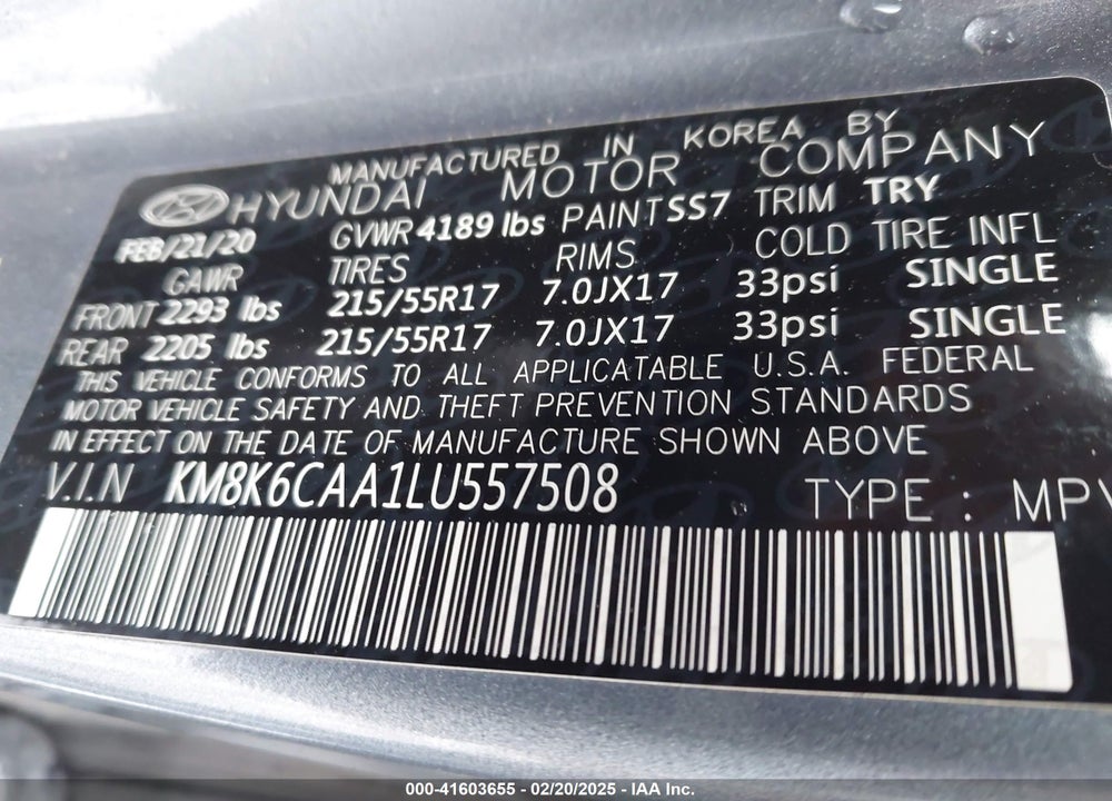 2020 HYUNDAI KONA SEL PLUS VIN: KM8K6CAA1LU557508