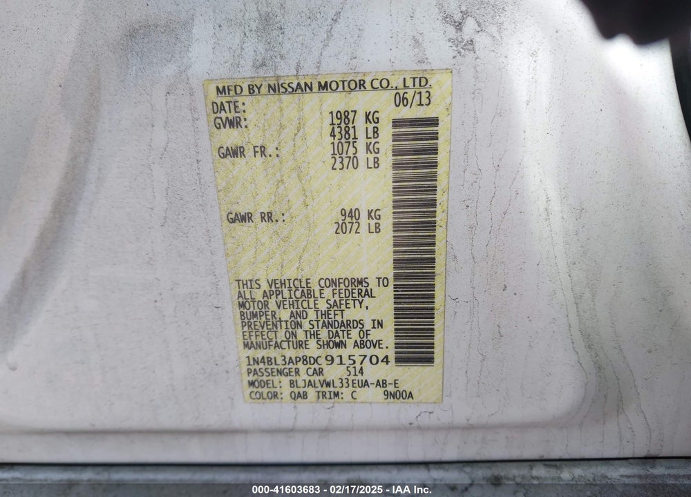 2013 NISSAN ALTIMA VIN: 1N4BL3AP8DC915704