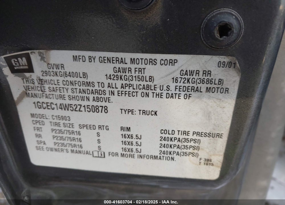 2002 CHEVROLET SILVERADO 1500 COMMERCIAL VIN: 1GCEC14W52Z150878