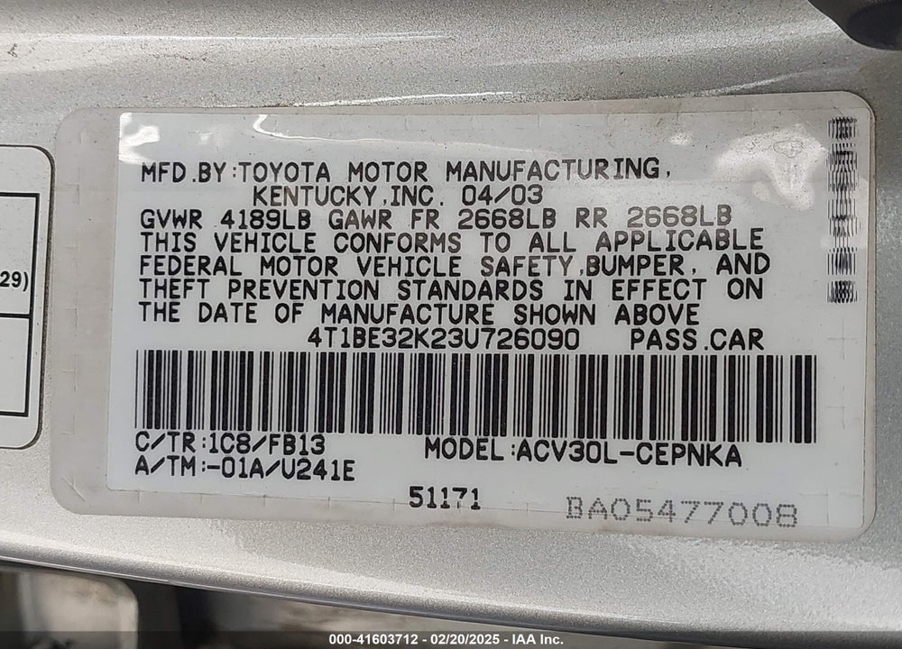 2003 TOYOTA CAMRY VIN: 4T1BE32K23U726090