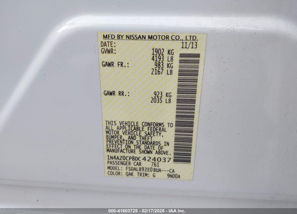 2013 NISSAN LEAF VIN: 1N4AZ0CP8DC424037