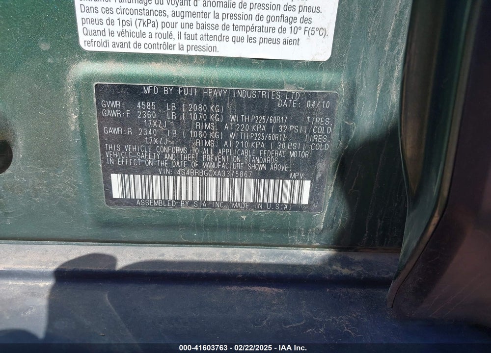 2010 SUBARU OUTBACK 2.5I PREMIUM VIN: 4S4BRBGCXA3375867