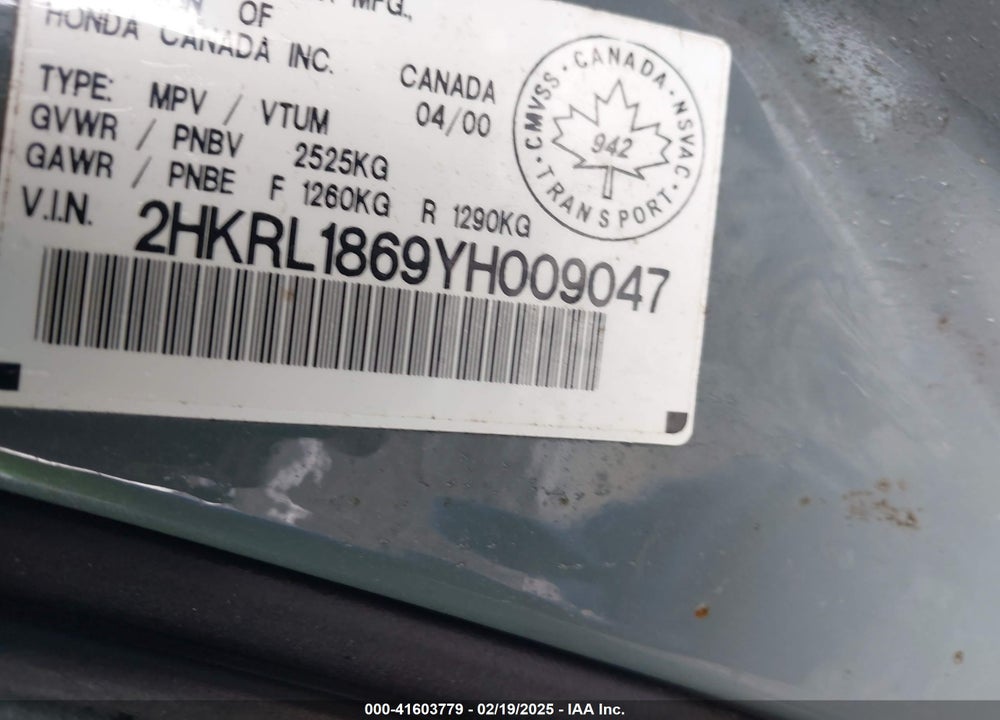 2000 HONDA ODYSSEY EX VIN: 2HKRL1869YH009047