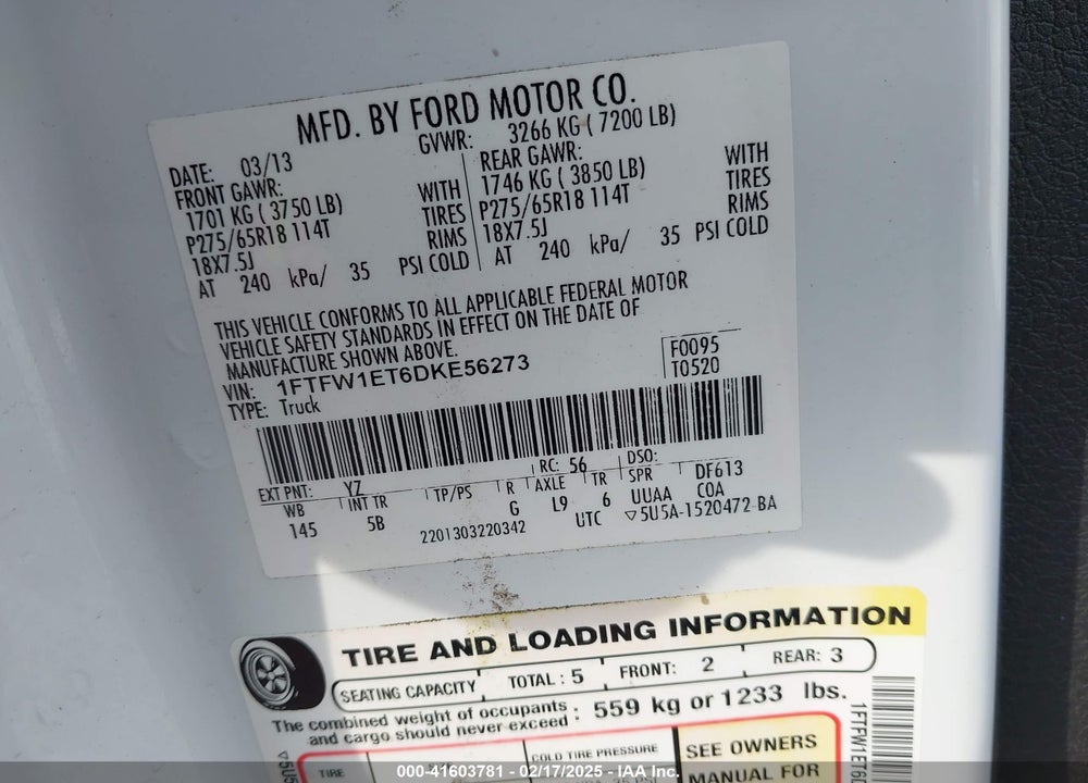 2013 FORD F-150 VIN: 1FTFW1ET6DKE56273