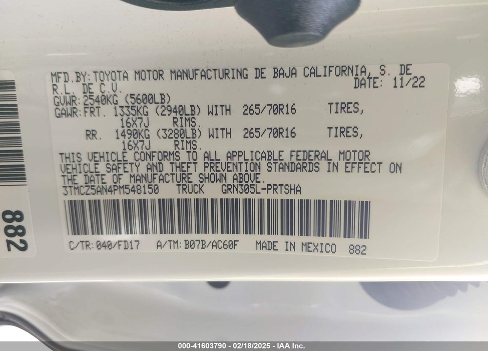 2023 TOYOTA TACOMA VIN: 3TMCZ5AN4PM548150