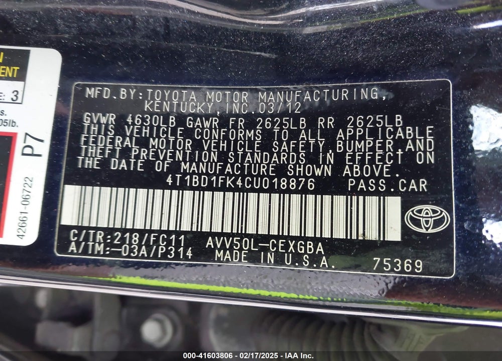 2012 TOYOTA CAMRY HYBRID XLE VIN: 4T1BD1FK4CU018876