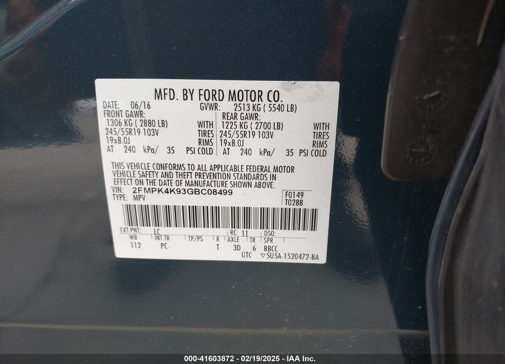 2016 FORD EDGE TITANIUM VIN: 2FMPK4K93GBC08499