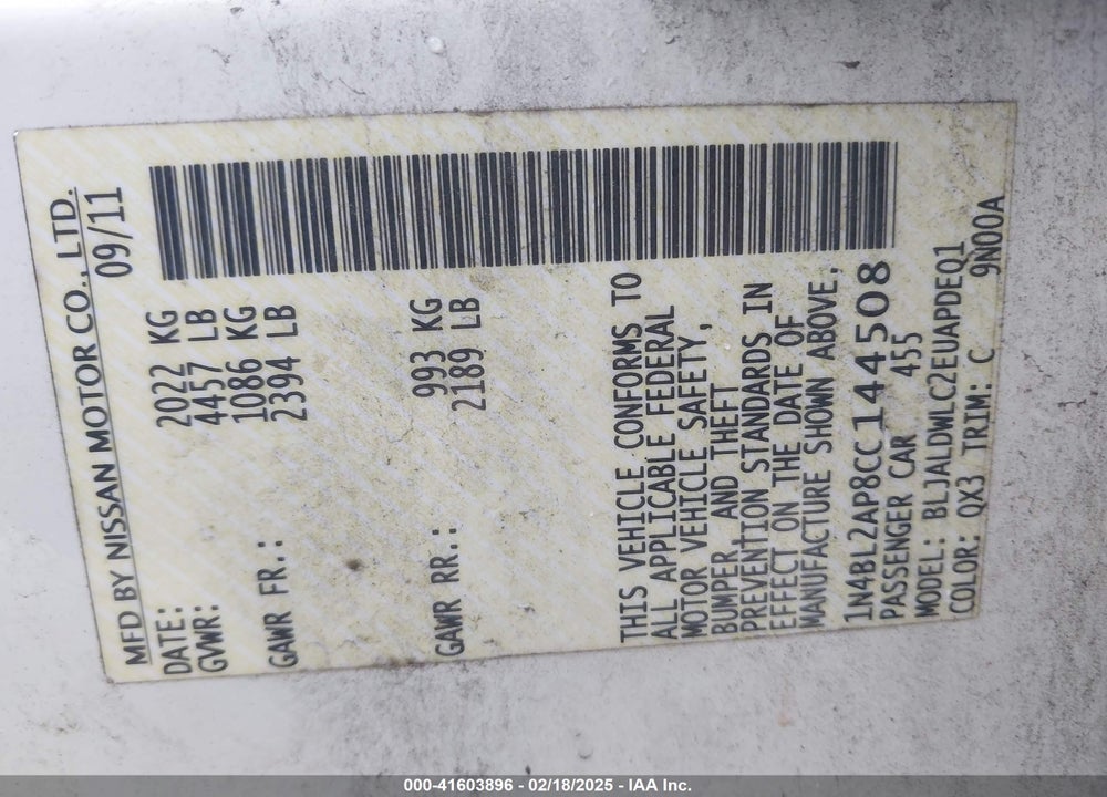 2012 NISSAN ALTIMA VIN: 1N4BL2AP8CC144508