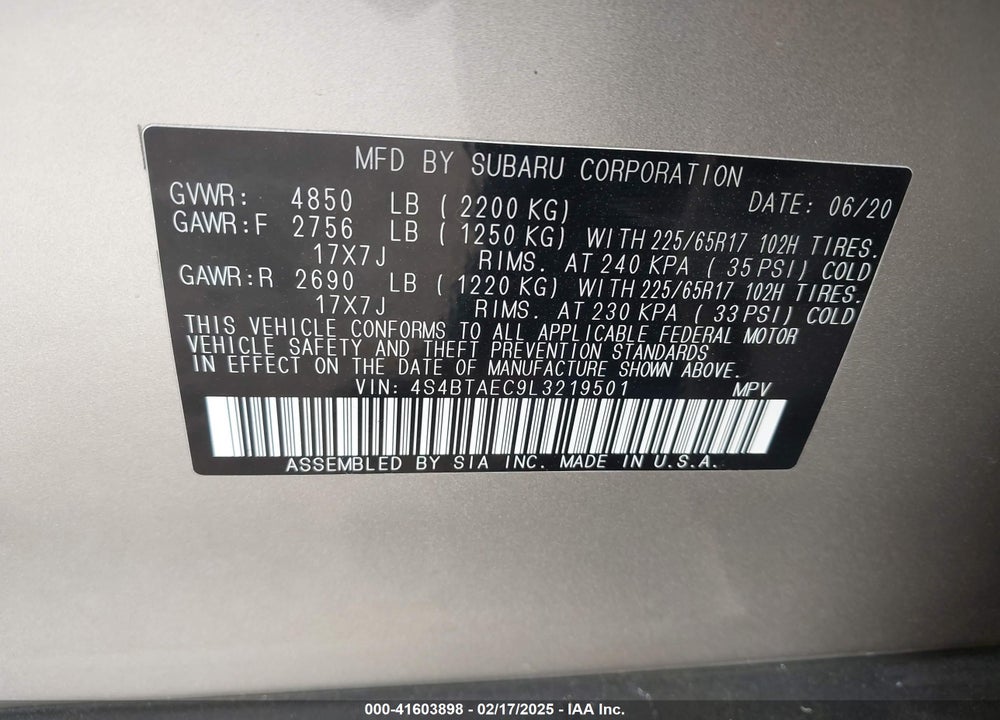 2020 SUBARU OUTBACK VIN: 4S4BTAEC9L3219501