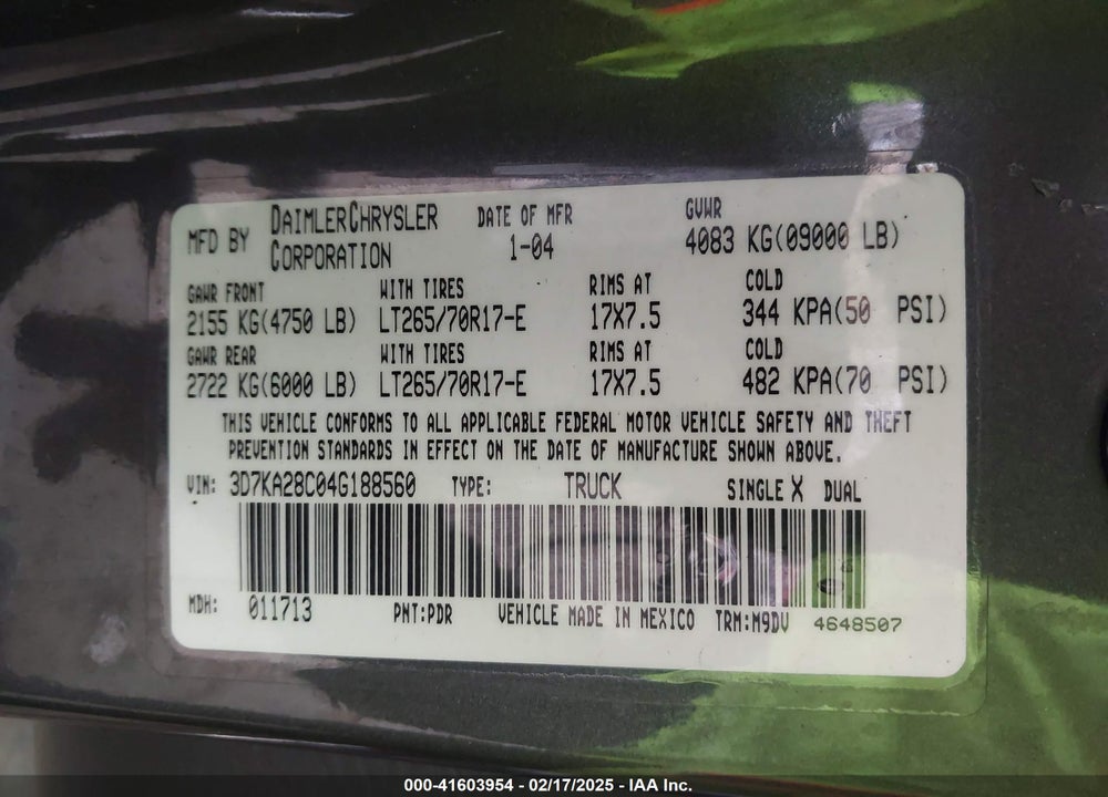 2004 DODGE RAM 2500 SLT/LARAMIE VIN: 3D7KA28C04G188560