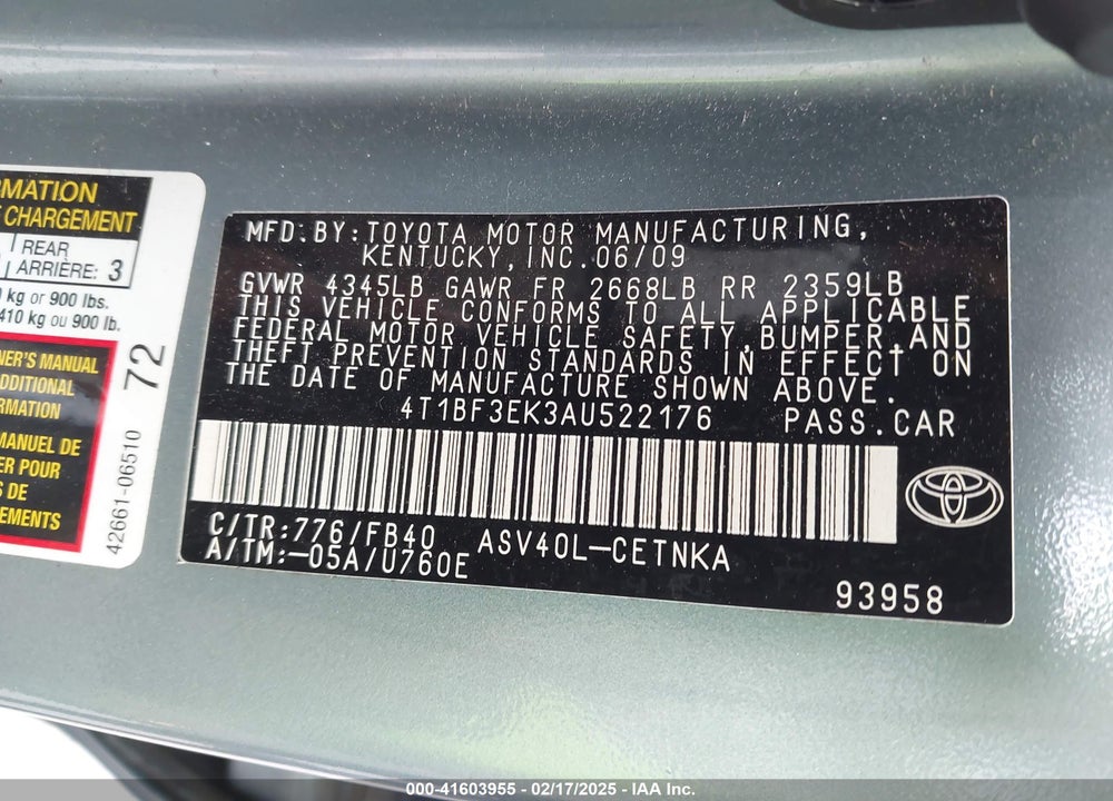 2010 TOYOTA CAMRY LE VIN: 4T1BF3EK3AU522176