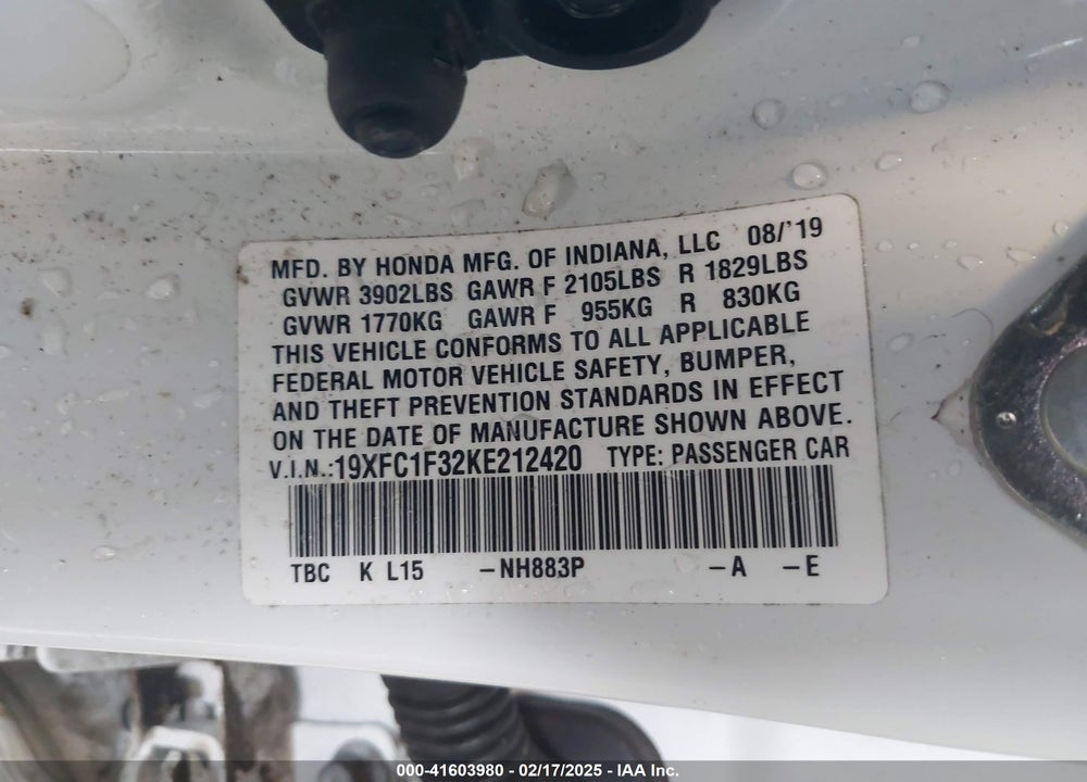 2019 HONDA CIVIC VIN: 19XFC1F32KE212420