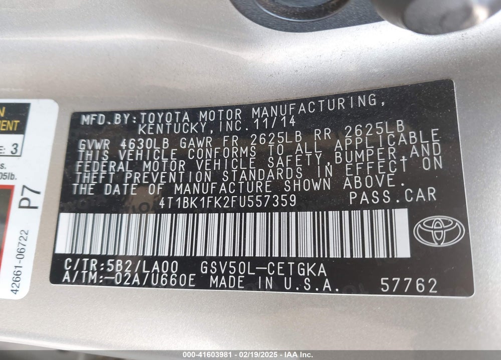 2015 TOYOTA CAMRY VIN: 4T1BK1FK2FU557359